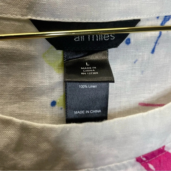 Ali Miles Linen Paint Splatter 3/4 Sleeve Bucket Pocket 80s Retro Tunic Top - Picture 3 of 5